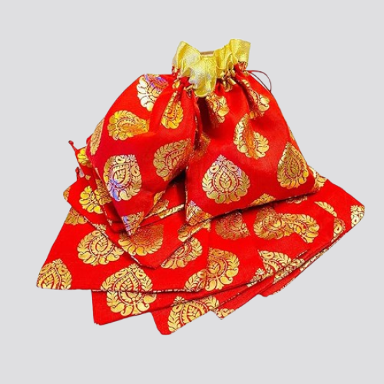 Paan Print Silk Drawstring Gift Potli Bags