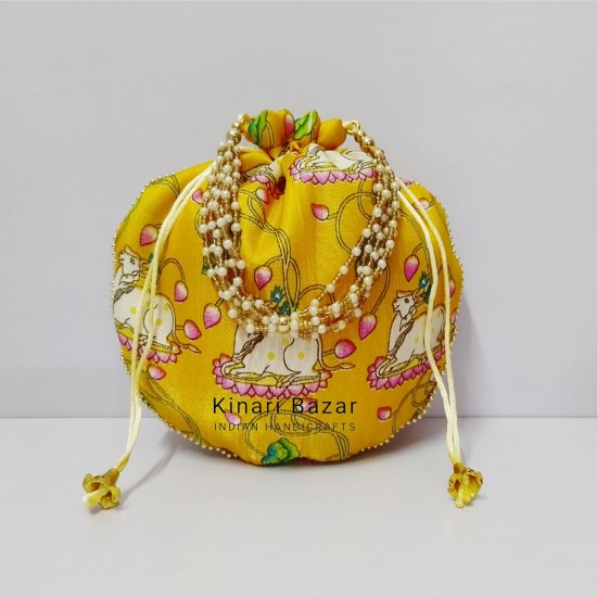 Pichwai Print Cow Matka Potli Bags